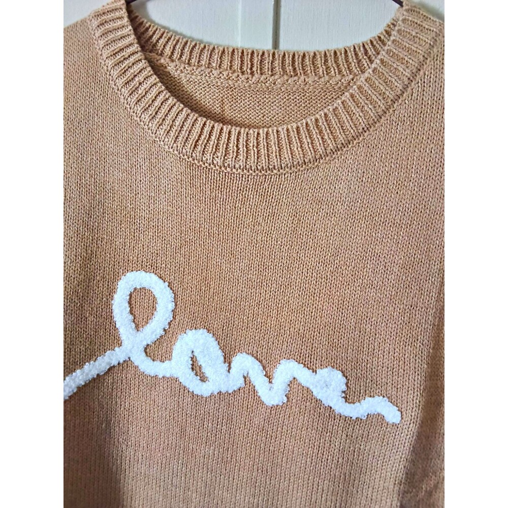 JENISSO LIFEWEAR S Beige Knit Crew Neck Pullover Love Embroidered